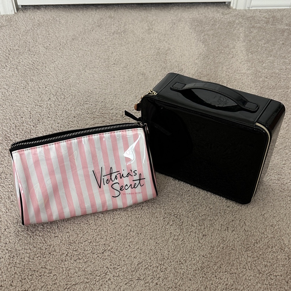 Victoria's Secret Pink Striped and YSL Black Cosmetic Bag Duo